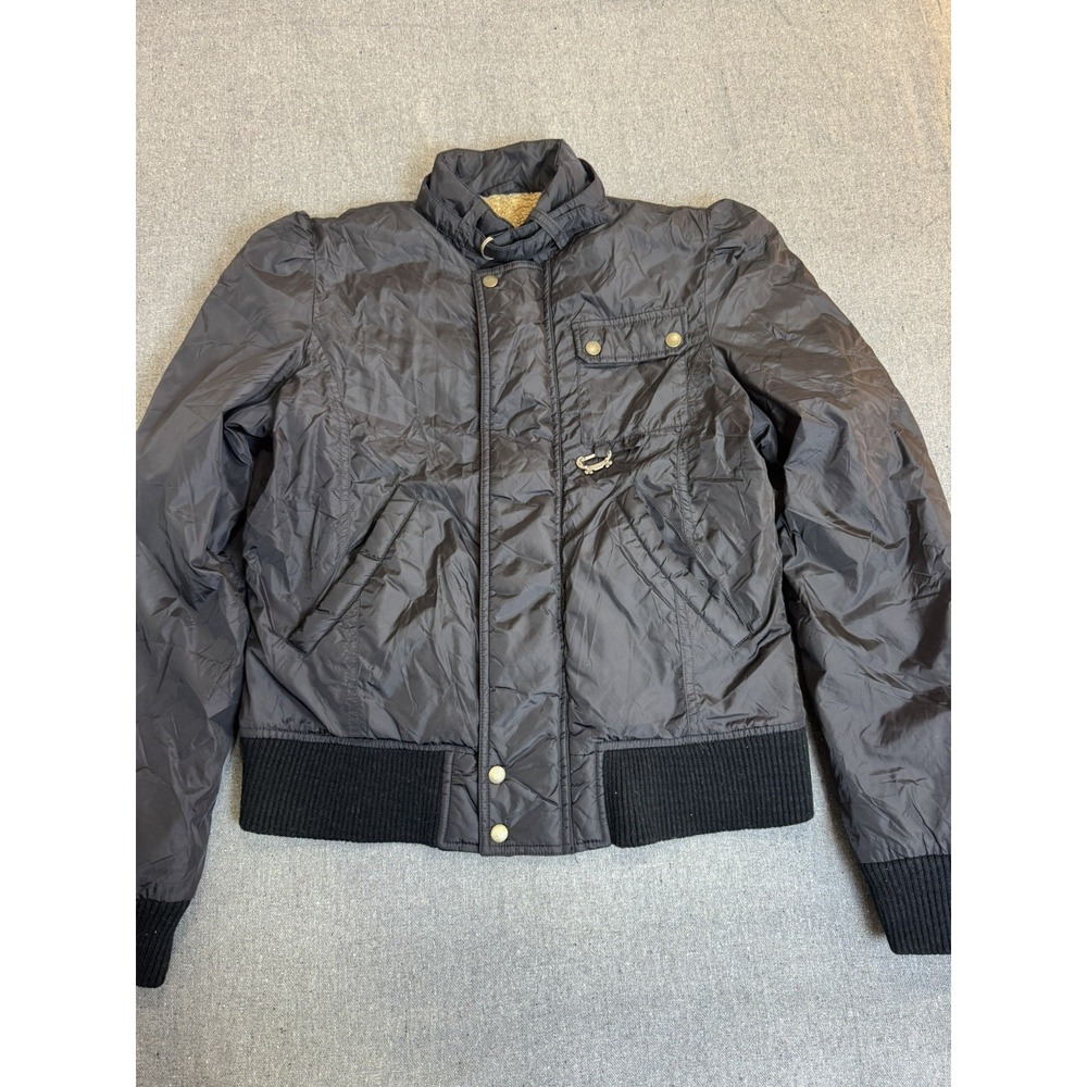 VTG Diesel Womens Black Bomber Jacket L Buckle Collar Zip Front